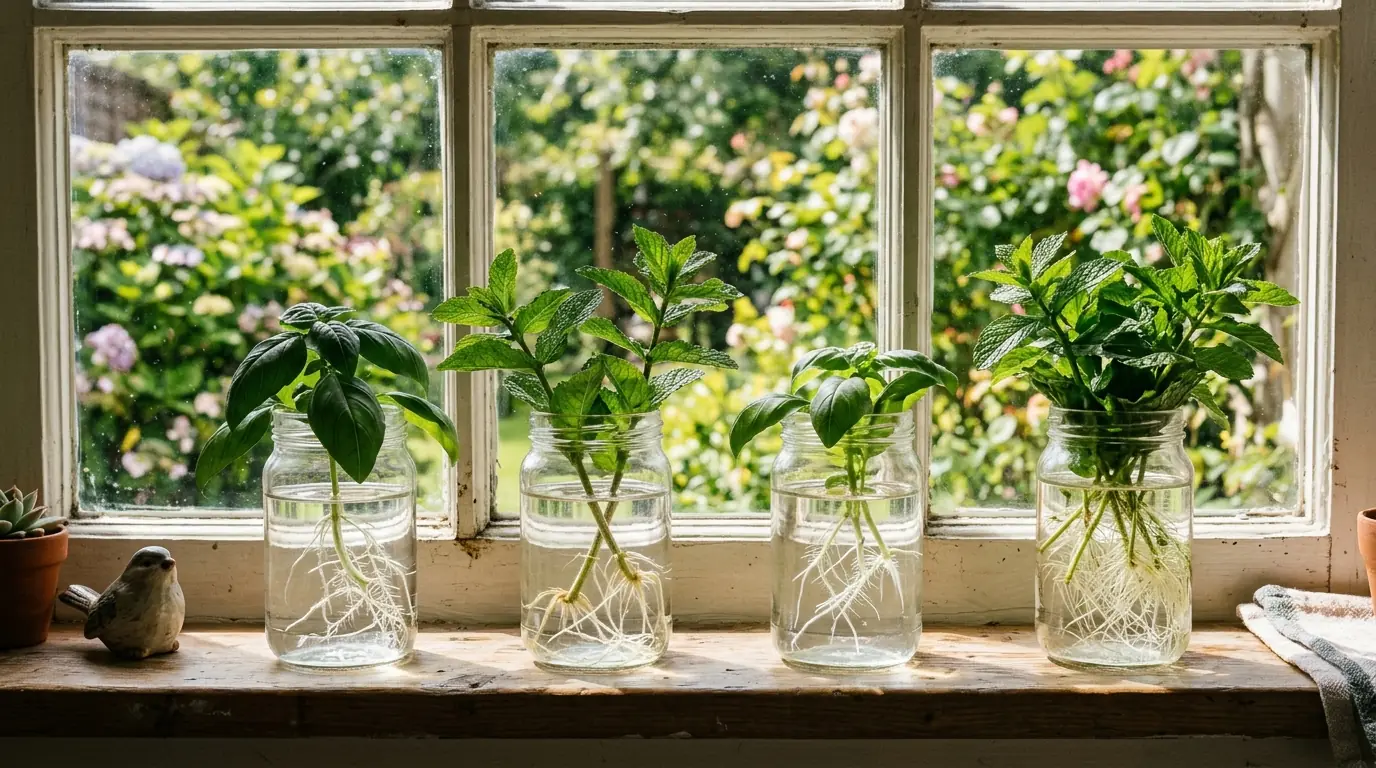 Basil and mint cuttings rooting in glass jars of water on a sunny kitchen windowsill