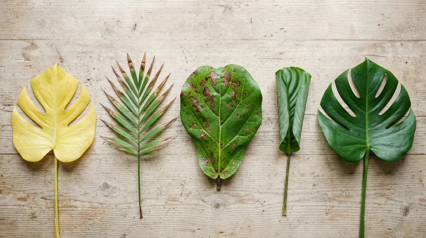 Five houseplant leaves on a table: a yellow leaf, brown-tipped fronds, a spotted leaf, a curled leaf and a healthy green leaf