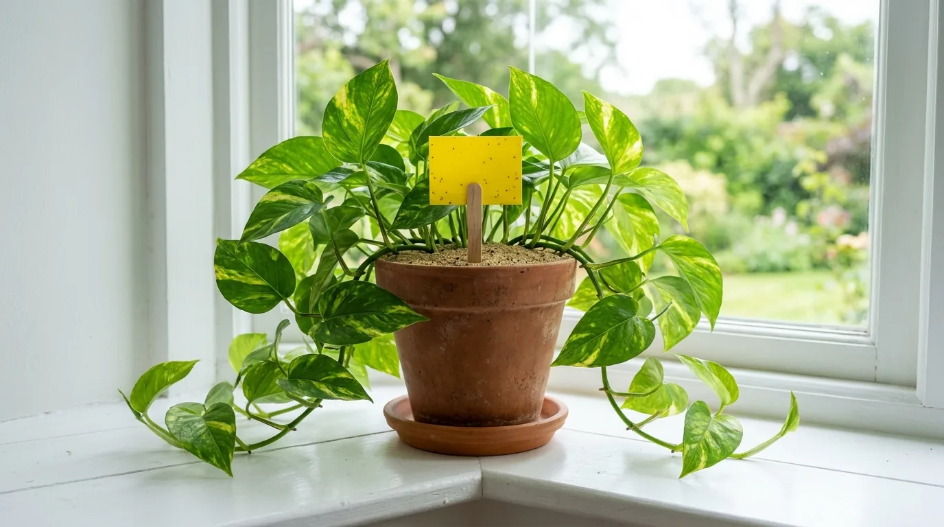 Pothos in a terracotta pot with a yellow sticky trap and a sand top layer to control fungus gnats