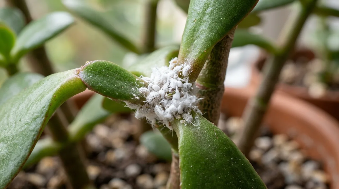 White cottony mealybugs clustered in a leaf joint of a jade plant