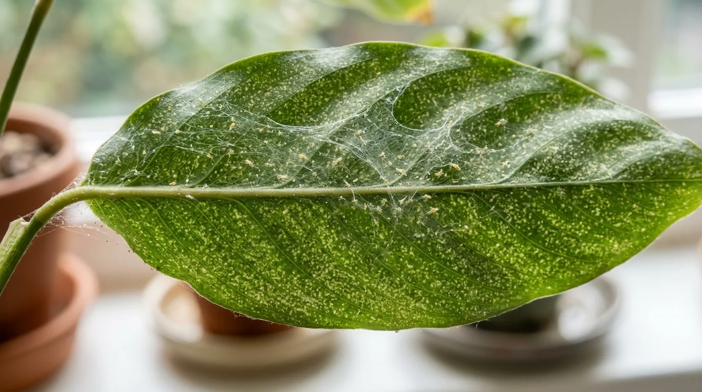 Close-up of spider mite webbing and stippling on a houseplant leaf