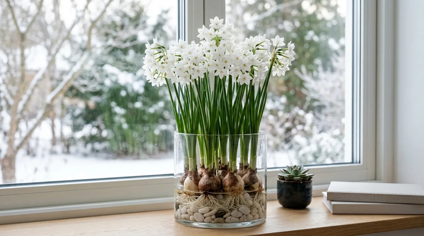 Paperwhite narcissus blooming in a glass vase of pebbles on a winter windowsill
