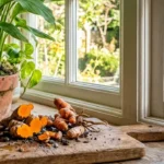Potted turmeric plant by a sunny window with freshly dug orange turmeric rhizomes on a wooden board