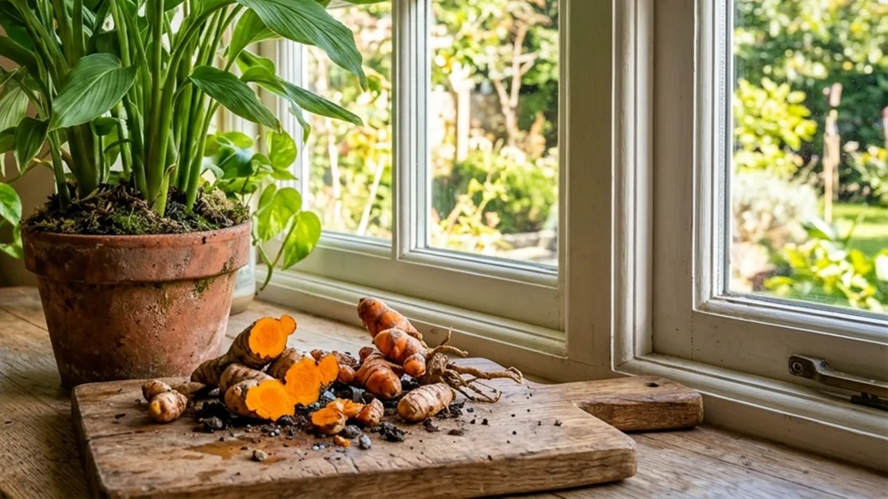 Potted turmeric plant by a sunny window with freshly dug orange turmeric rhizomes on a wooden board