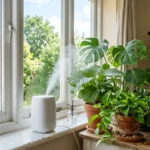 Small white humidifier releasing mist beside a group of tropical houseplants near a bright window