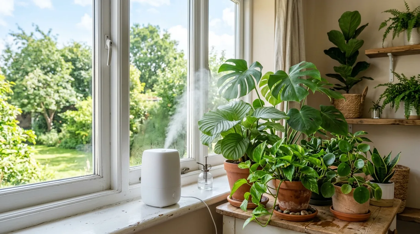 Small white humidifier releasing mist beside a group of tropical houseplants near a bright window