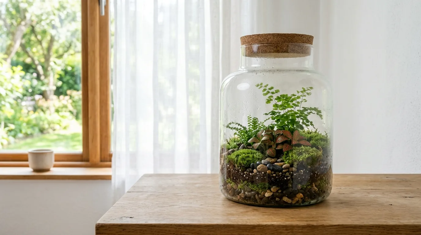Closed glass terrarium jar with a cork lid holding ferns, a red-veined nerve plant and moss on a wooden table