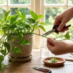 Hands using pruning snips to cut a long pothos vine just above a leaf node