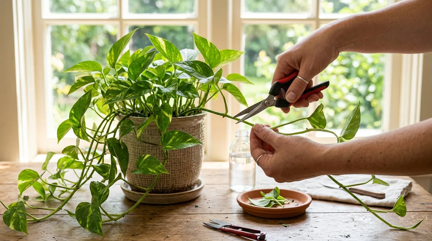 Hands using pruning snips to cut a long pothos vine just above a leaf node