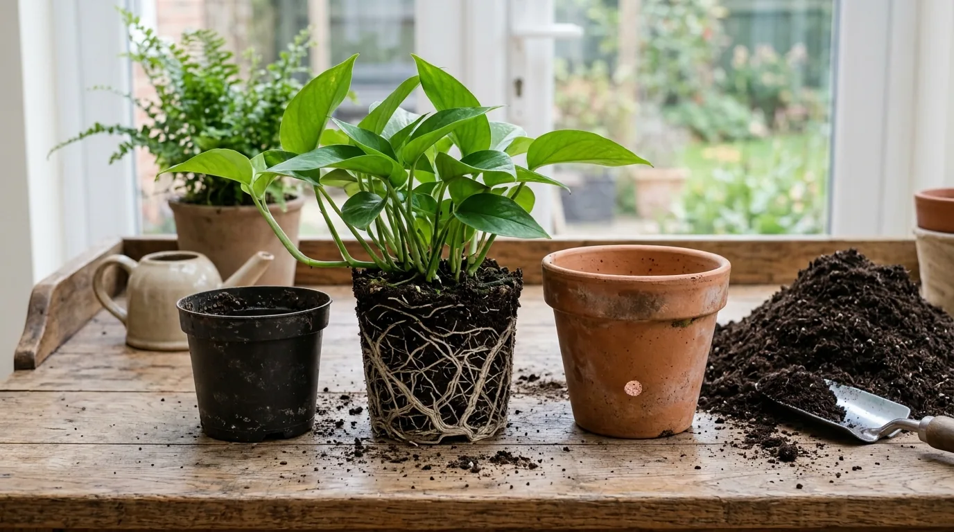 Root-bound houseplant out of its old pot next to a slightly larger terracotta pot and fresh potting mix