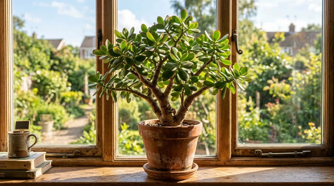 Jade plant with thick glossy oval leaves and woody stems in a terracotta pot on a sunny windowsill