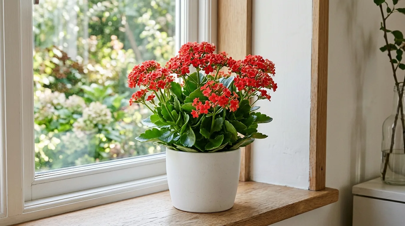 Flowering kalanchoe with clusters of red-orange flowers in a white pot on a sunny windowsill