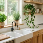 Bright kitchen with potted basil and rosemary on the windowsill and a trailing pothos on an open shelf