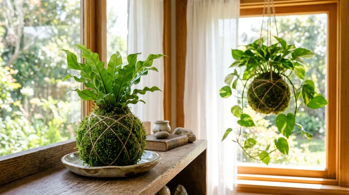 Fern kokedama moss ball tied with twine on a ceramic saucer, with a hanging pothos kokedama by the window