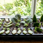 Succulent, African violet and snake plant leaf cuttings sprouting baby plants in a propagation tray