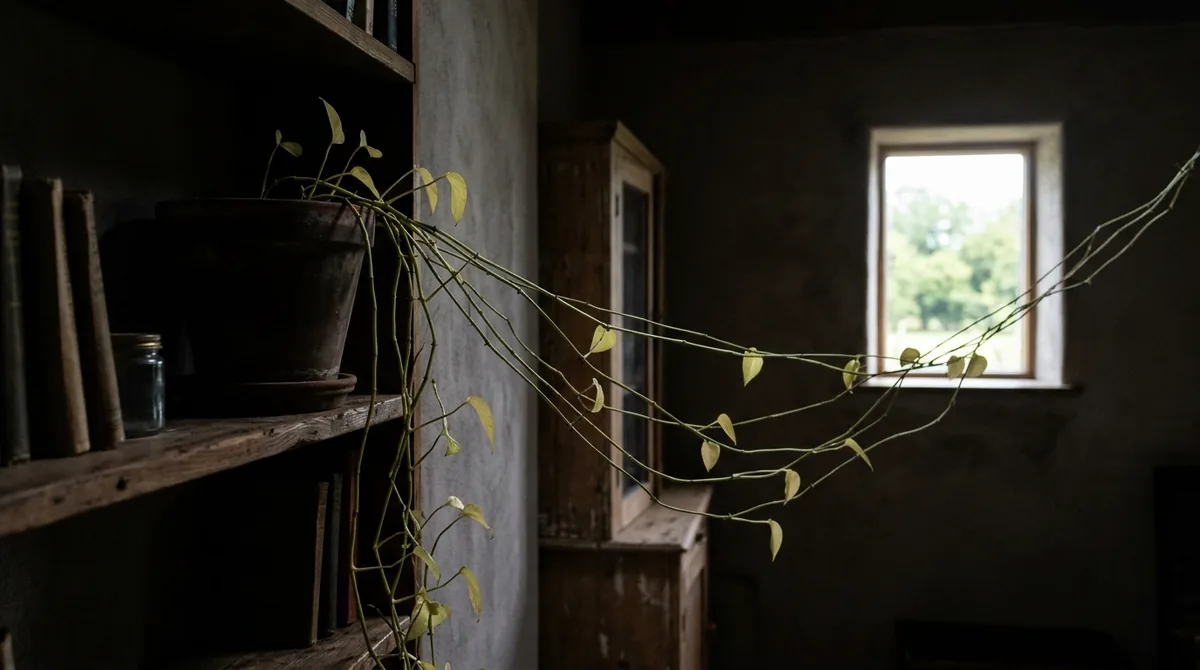Leggy pothos with long bare stems and small pale leaves stretching toward a distant window