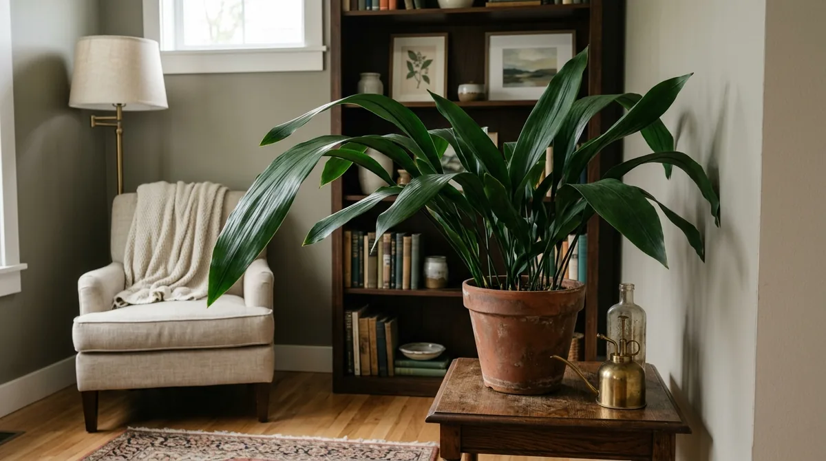Cast iron plant with long dark green leaves in a shady corner