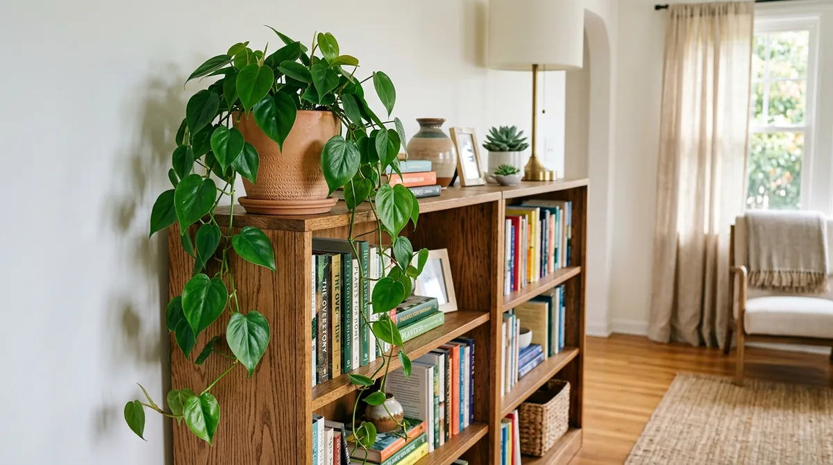 Heartleaf philodendron with glossy heart-shaped leaves trailing from a pot
