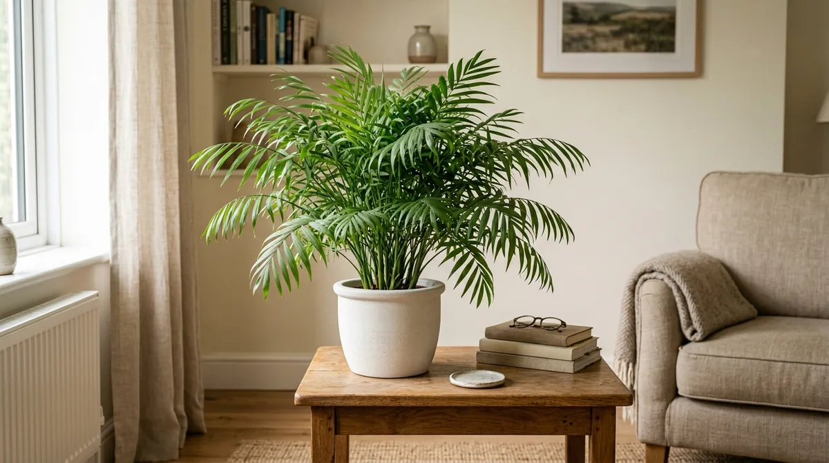 Bushy parlor palm with feathery fronds in a ceramic pot