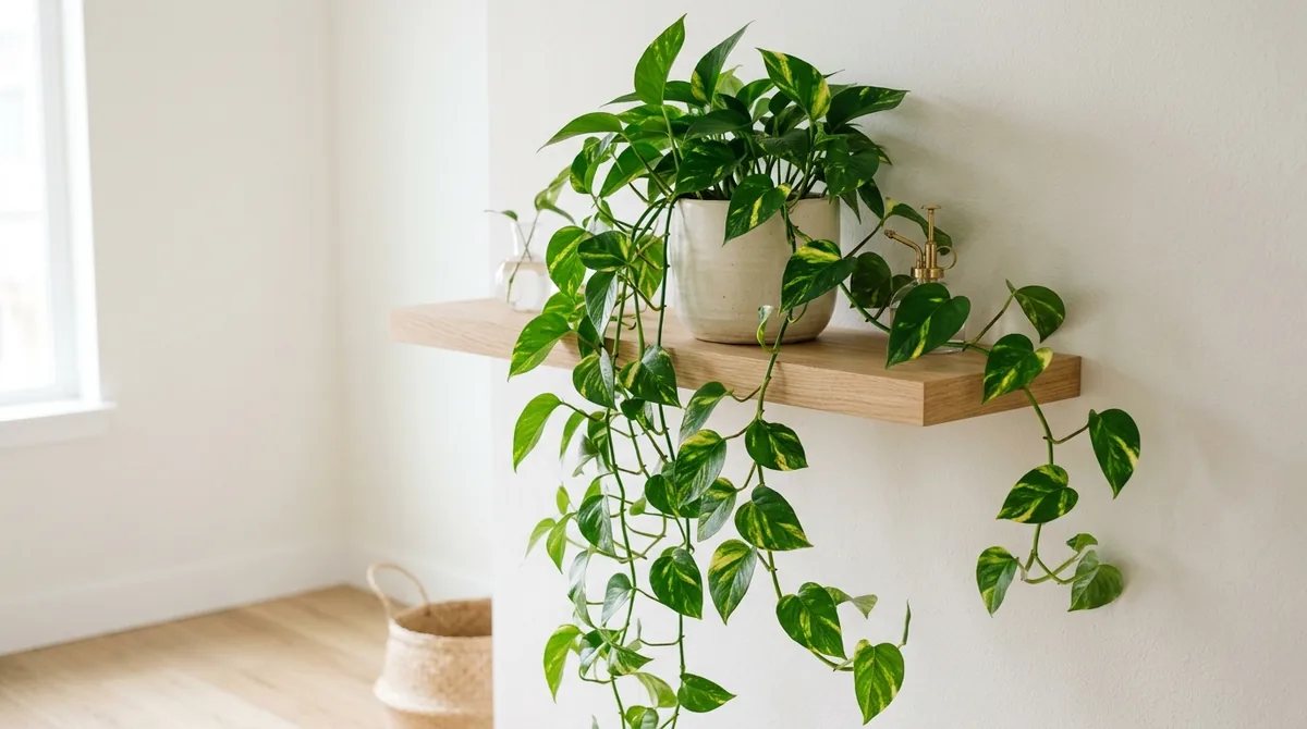 Golden pothos trailing from a shelf with heart-shaped green and yellow leaves