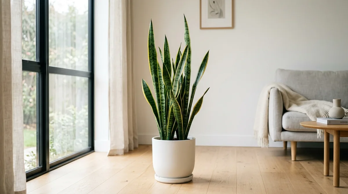 Snake plant with tall upright striped leaves in a pot