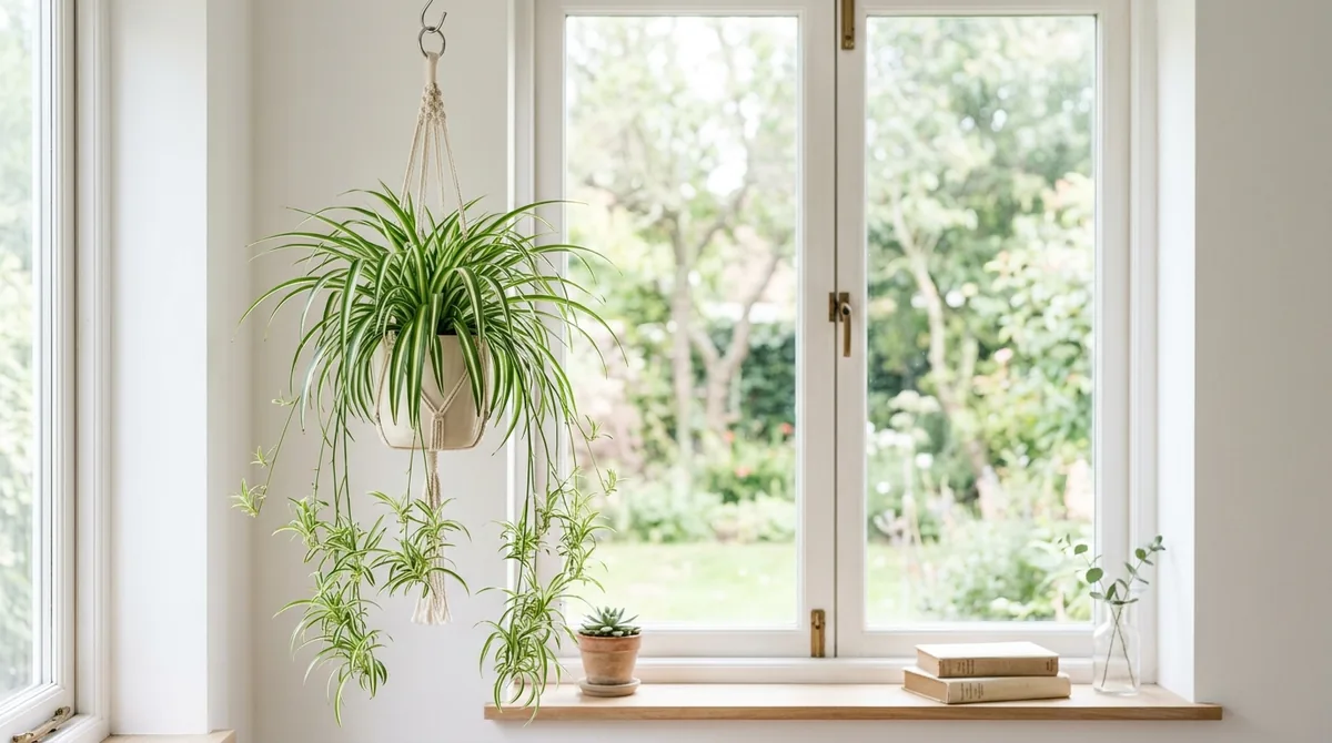 Spider plant with arching striped leaves and baby plantlets in a hanging pot