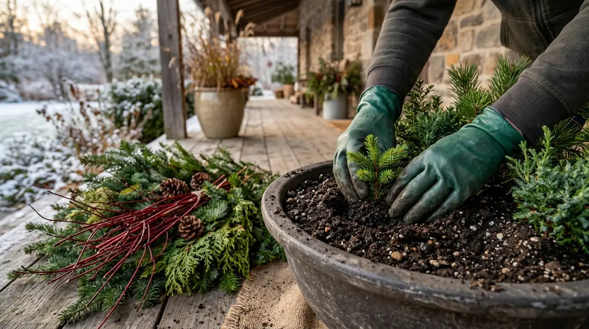 Gloved hands pushing spruce tips into the moist soil of an outdoor container, with cut boughs and red dogwood stems beside it