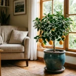 Potted Meyer lemon tree with ripe lemons beside a sunny window in a living room