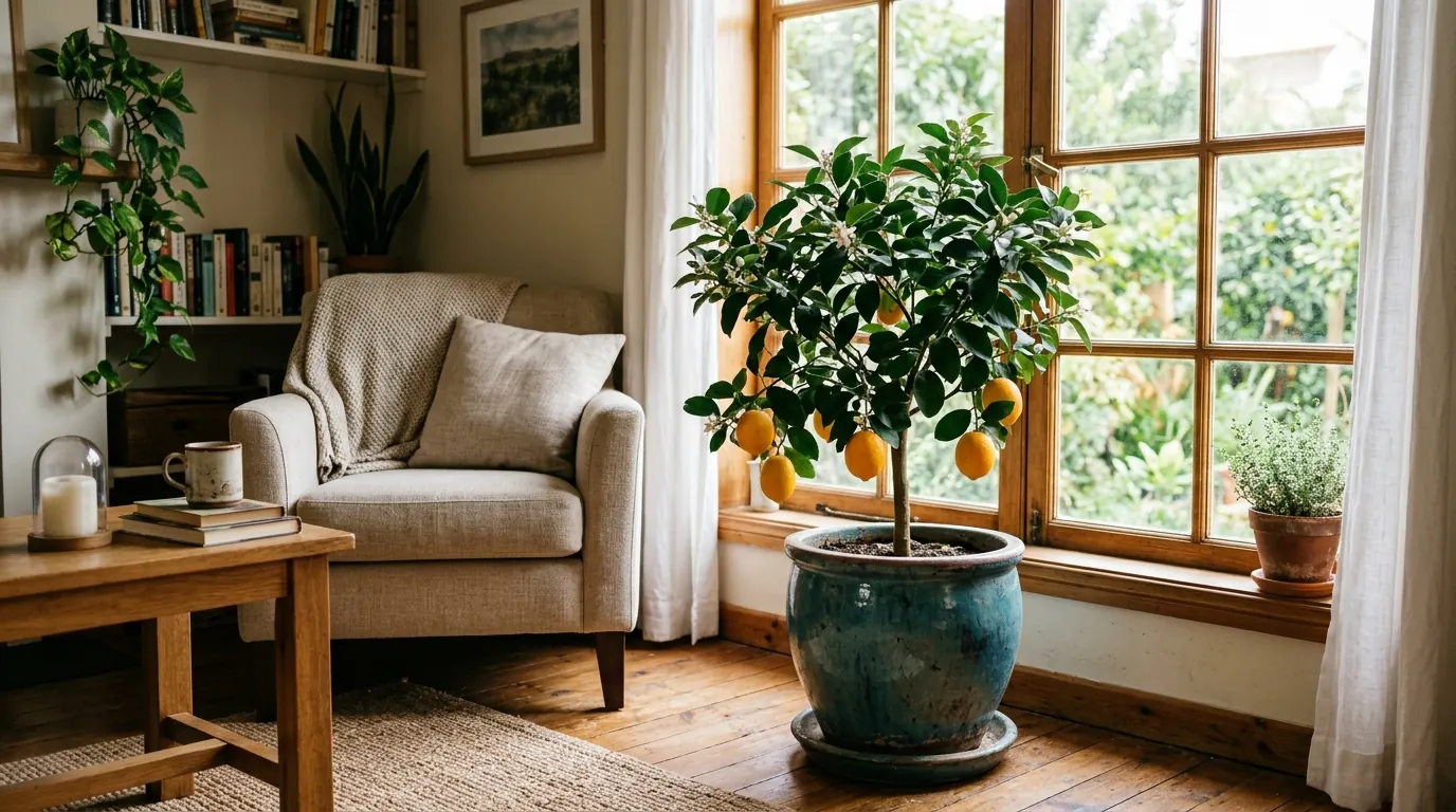 Potted Meyer lemon tree with ripe lemons beside a sunny window in a living room