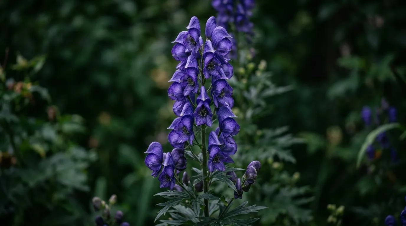 Tall spike of deep blue-purple monkshood flowers with helmet-shaped hoods against a dark green garden background