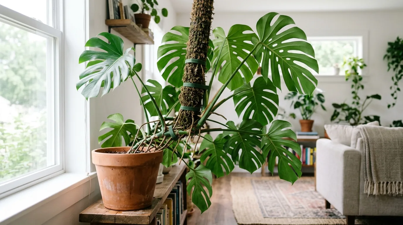 Monstera deliciosa with split leaves tied to a sphagnum moss pole in a terracotta pot