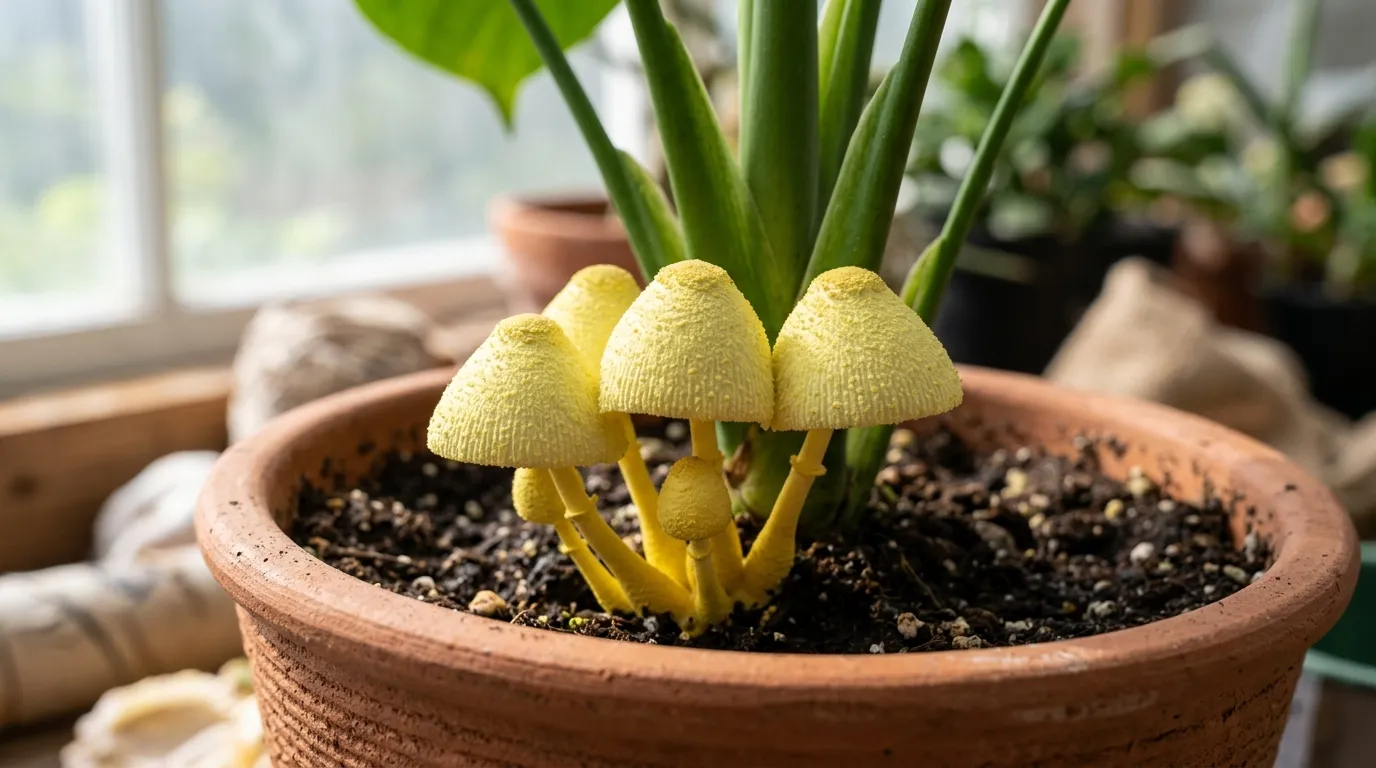 Mushrooms in houseplant soil: small yellow flowerpot parasol mushrooms growing at the base of a potted plant