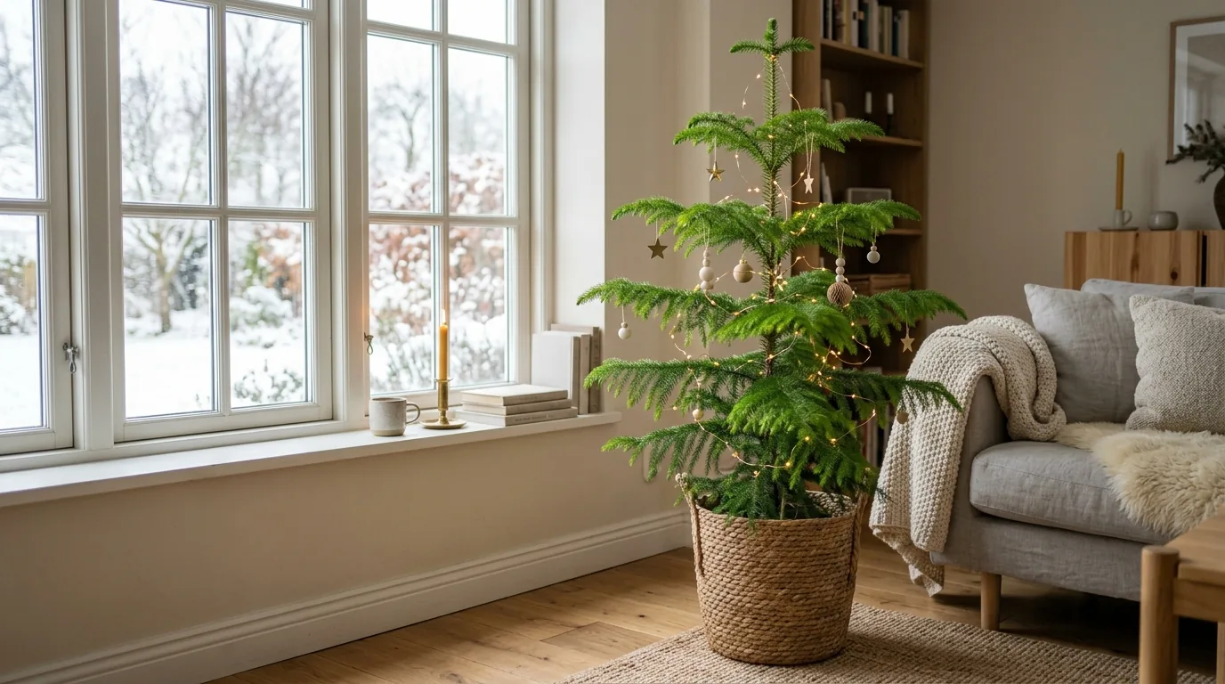 Potted Norfolk Island pine with tiered soft branches by a bright window, decorated with a few small ornaments