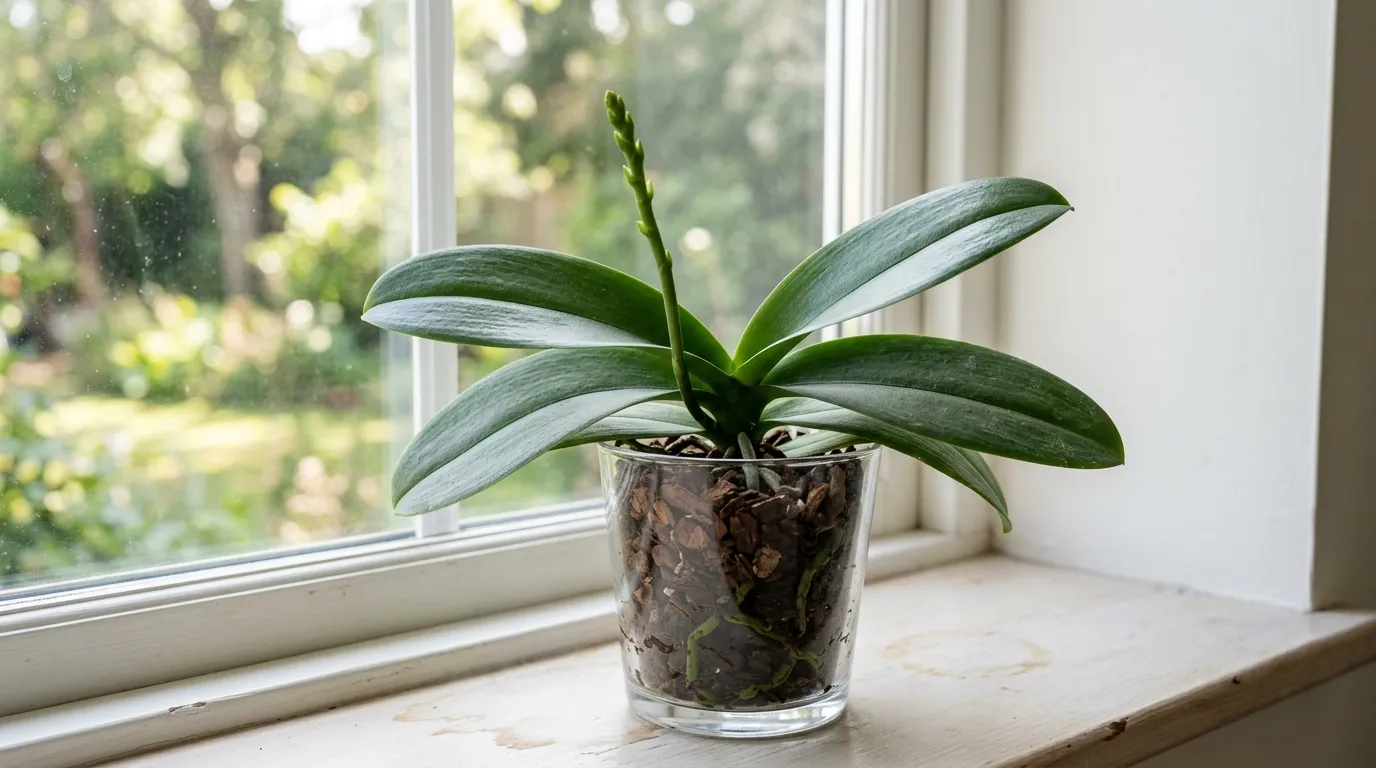 Moth orchid with healthy green leaves and a new flower spike emerging from the base, on a bright windowsill