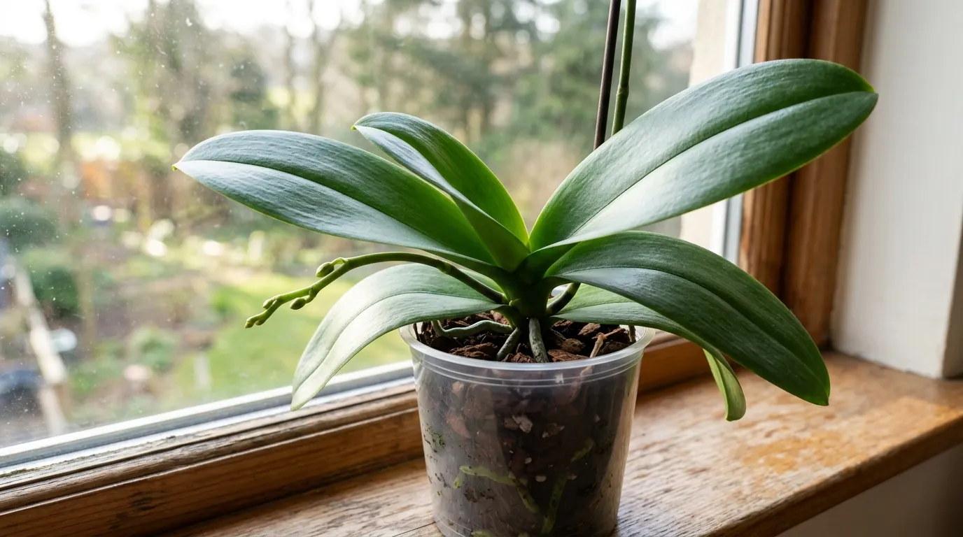 Moth orchid with healthy green leaves and a new flower spike emerging from the base, on a bright windowsill