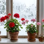 Red and pink geraniums in terracotta pots on a windowsill with snow outside