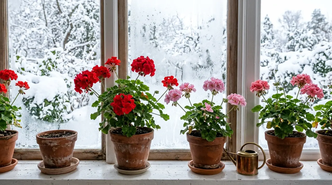 Red and pink geraniums in terracotta pots on a windowsill with snow outside