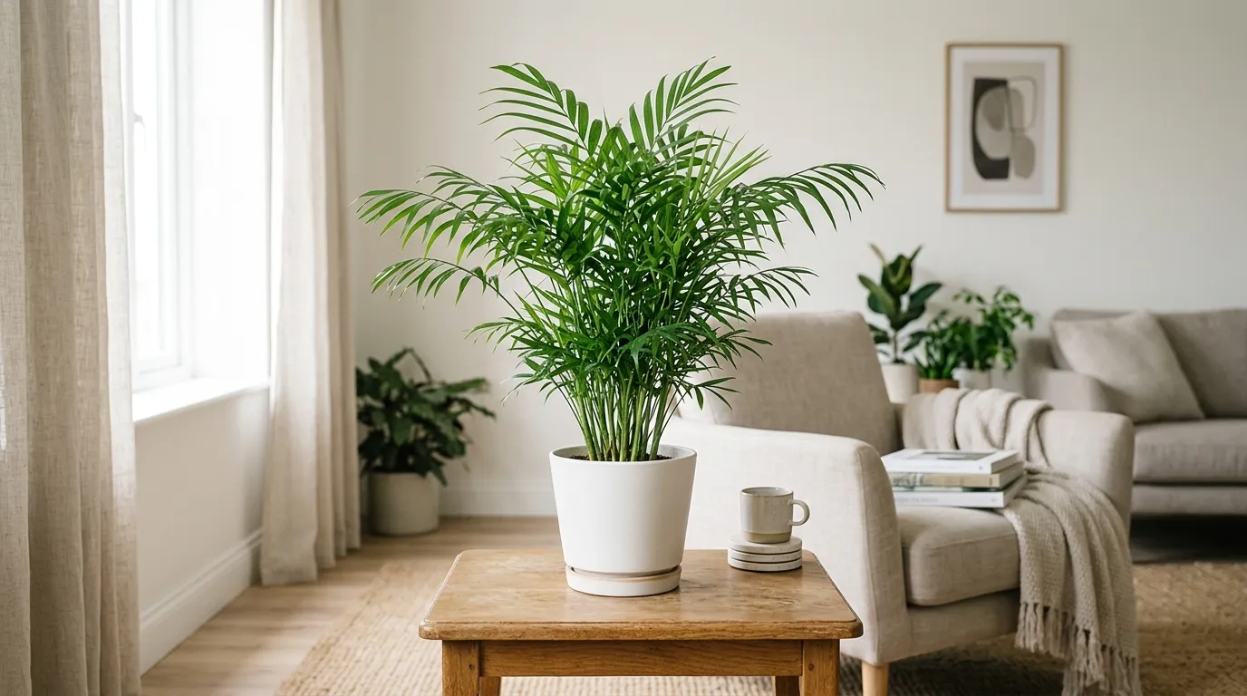 Bushy parlor palm in a ceramic pot on a side table in a softly lit living room