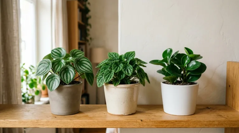 Small peperomias in ceramic pots, pet-safe plants for a kitchen counter