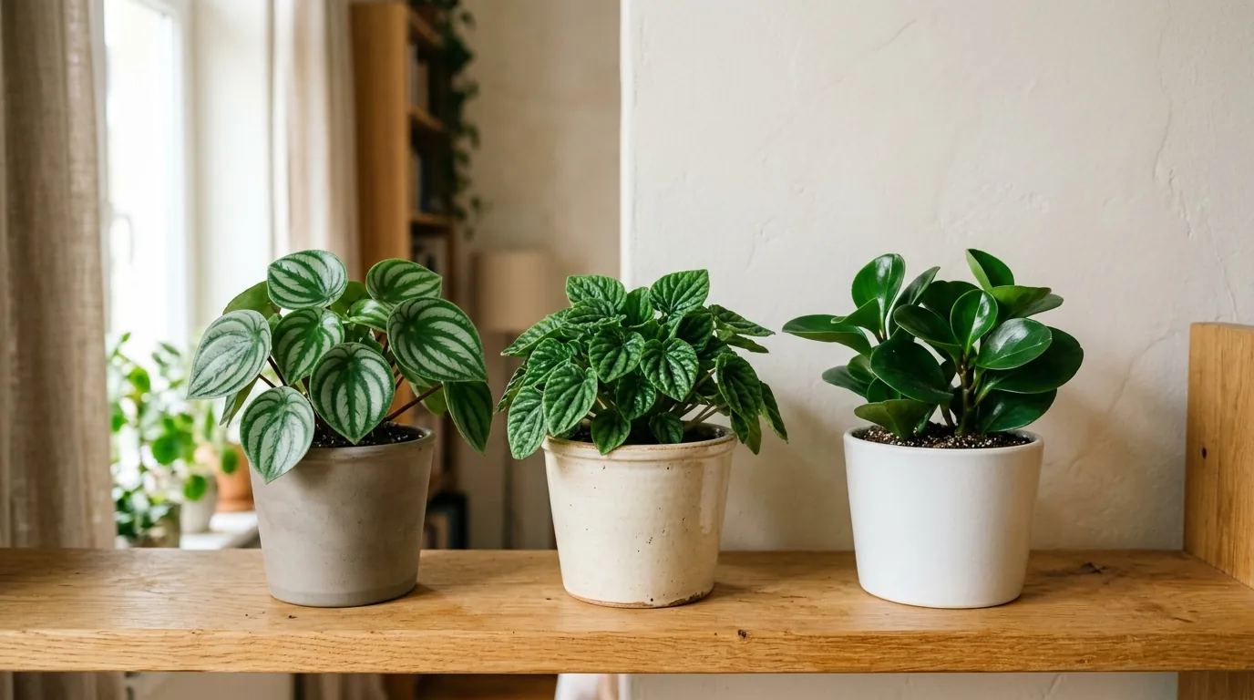 Watermelon, ripple and baby rubber plant peperomias in ceramic pots on a wooden shelf