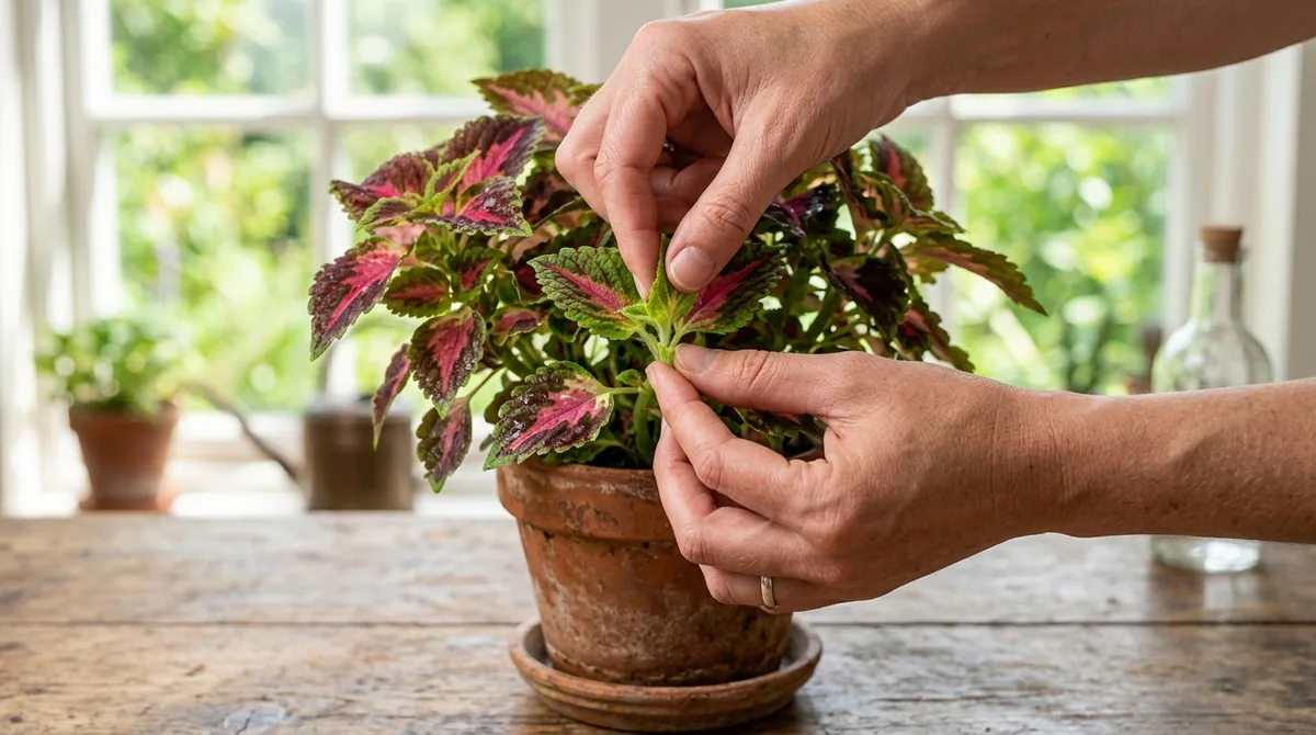 Fingers pinching off the soft growing tip of a potted coleus to make it bushier