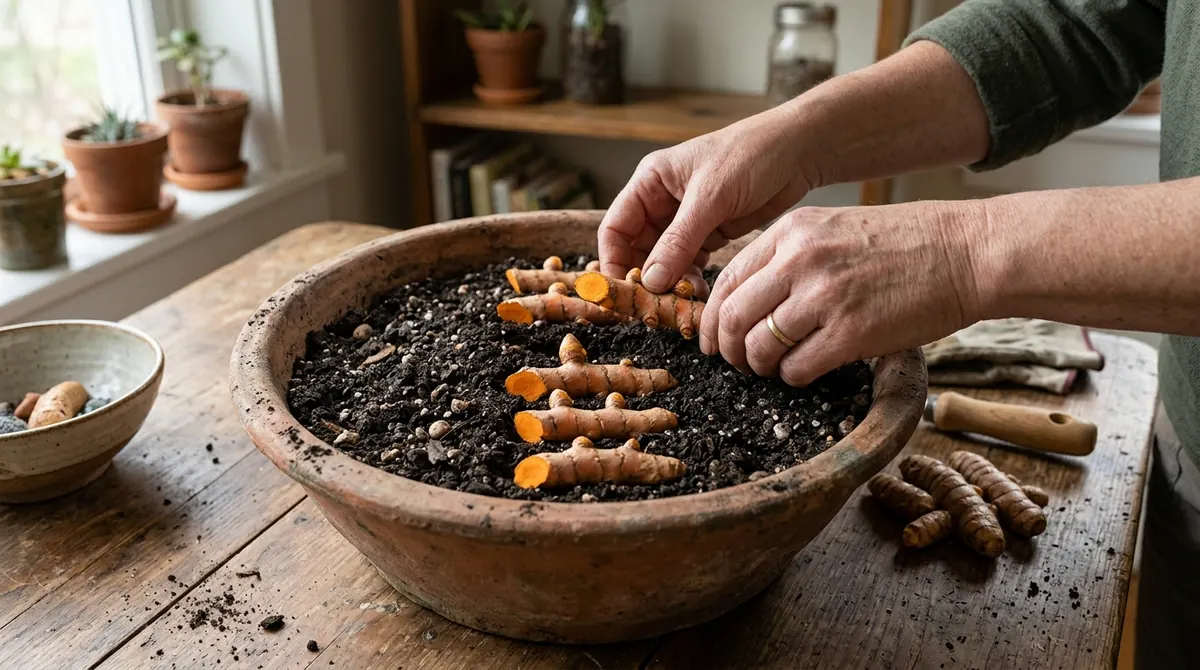 Hands laying turmeric rhizome pieces buds-up on potting mix in a wide terracotta pot