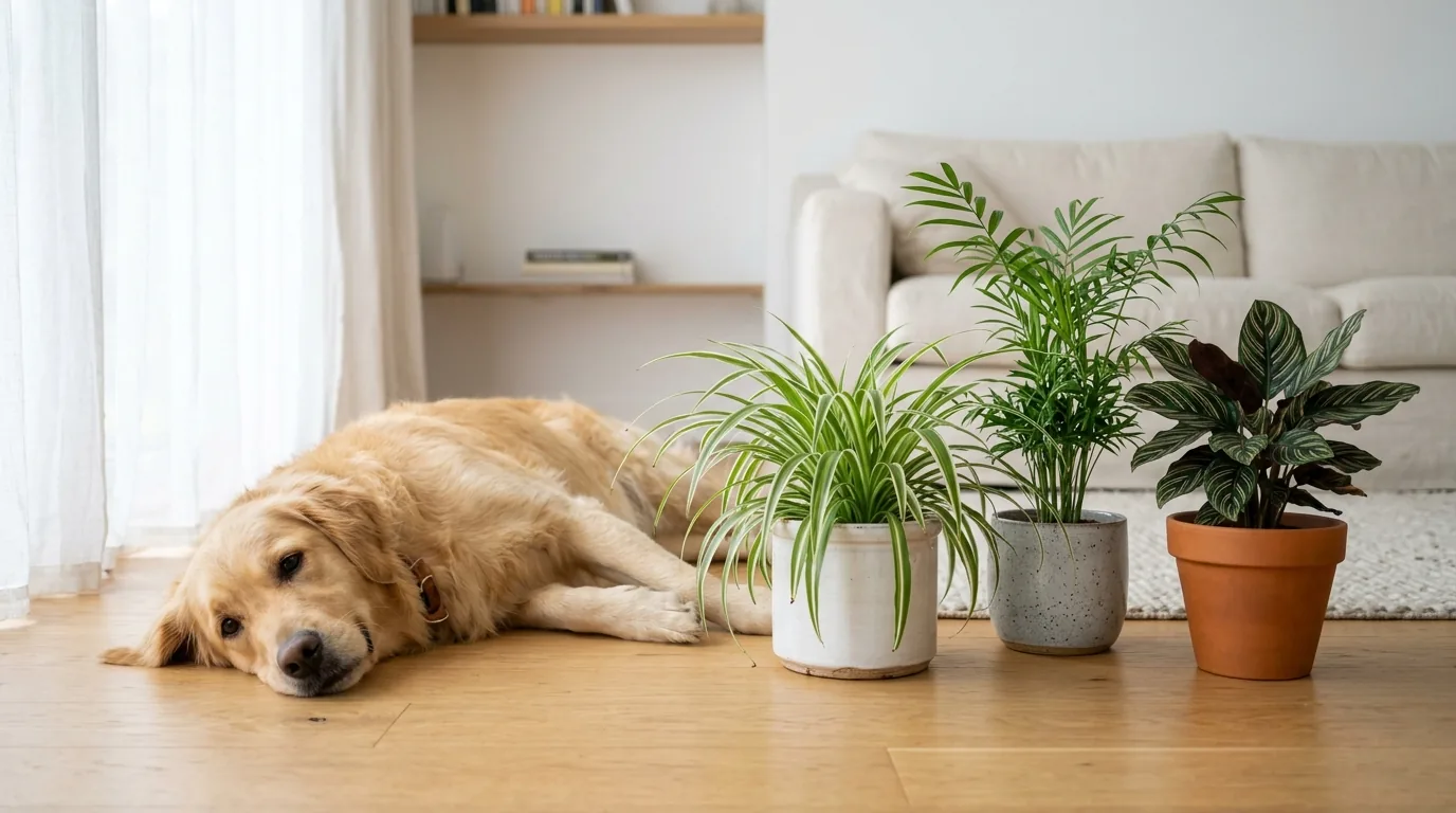 Golden retriever resting next to dog-safe houseplants: spider plant, parlor palm and calathea