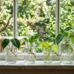 Pothos and philodendron cuttings rooting in glass jars of water on a sunny windowsill