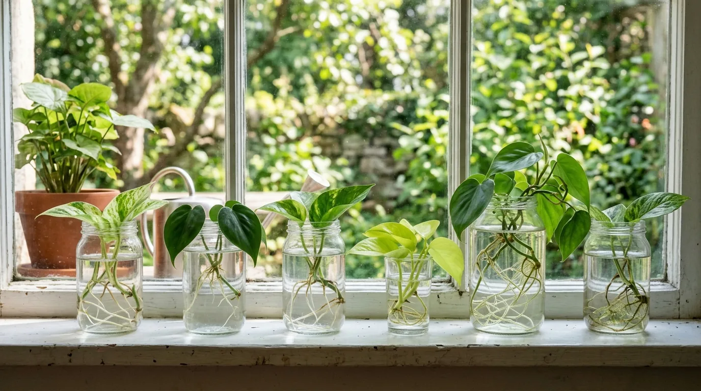 Pothos and philodendron cuttings rooting in glass jars of water on a sunny windowsill