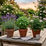 Potted lavender, basil and a scented geranium on a patio table on a summer evening