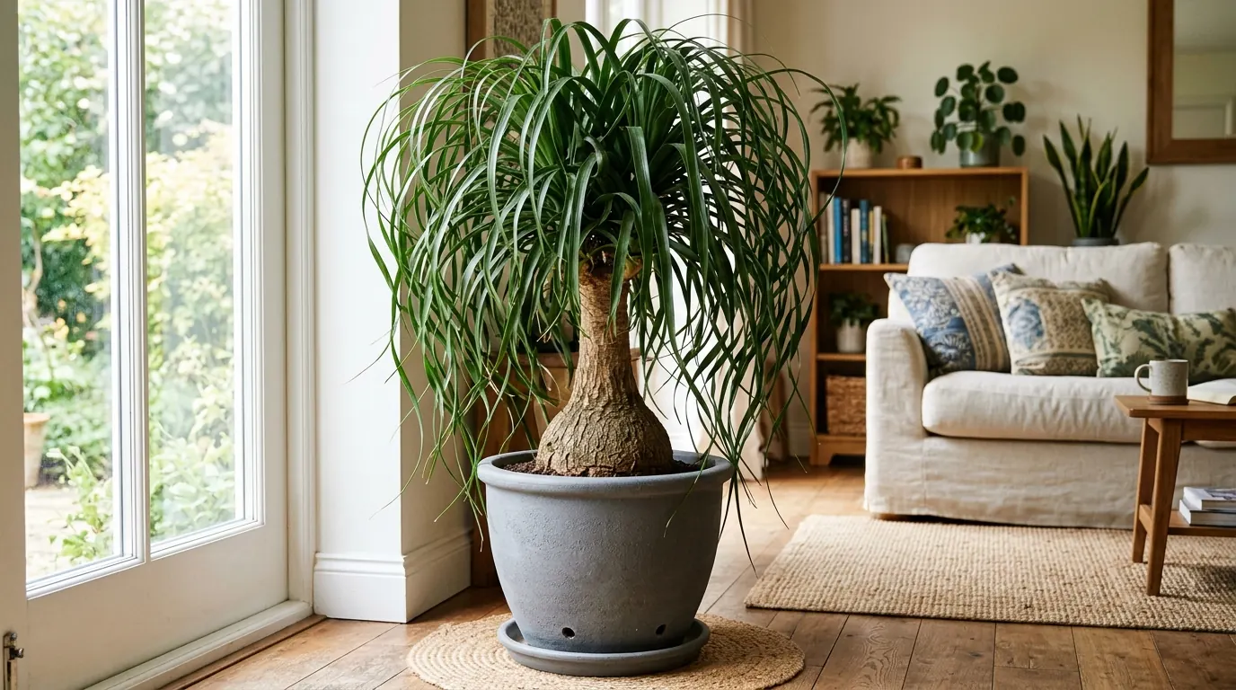 Ponytail palm with a swollen trunk base and long curly leaves in a gray pot in a bright living room