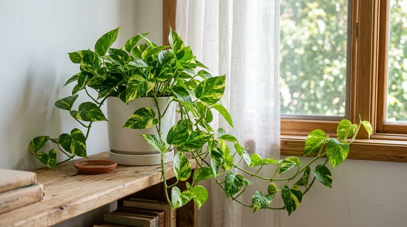 Golden pothos with heart-shaped green and yellow leaves trailing from a white pot on a bright shelf