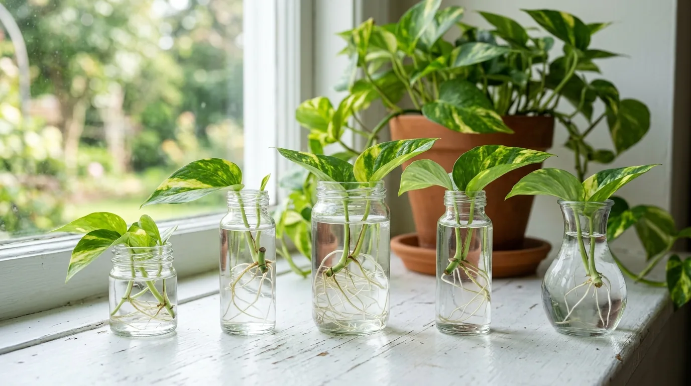 Pothos cuttings rooting in glass jars of water on a sunny windowsill