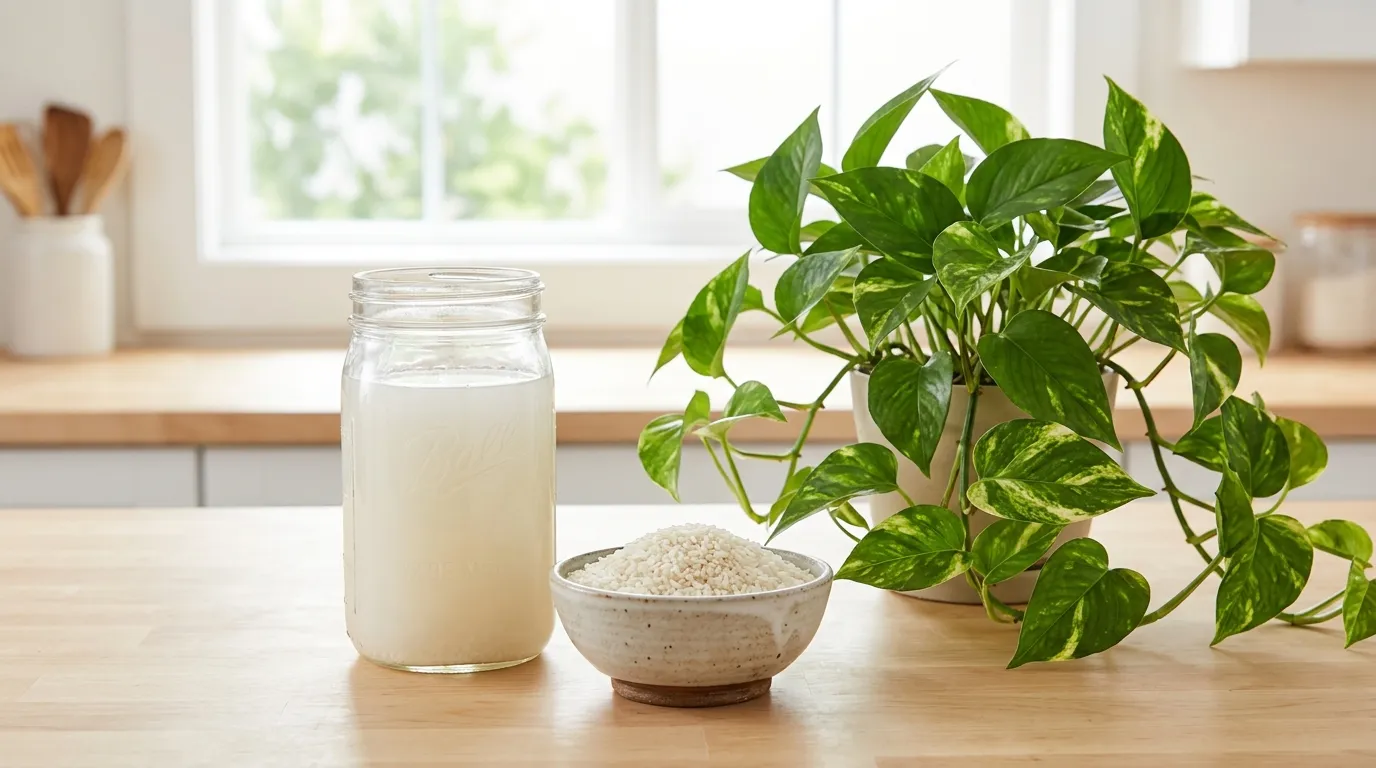 Rice water for plants: a glass jar of cloudy rice rinse water next to a bowl of uncooked rice and a potted pothos